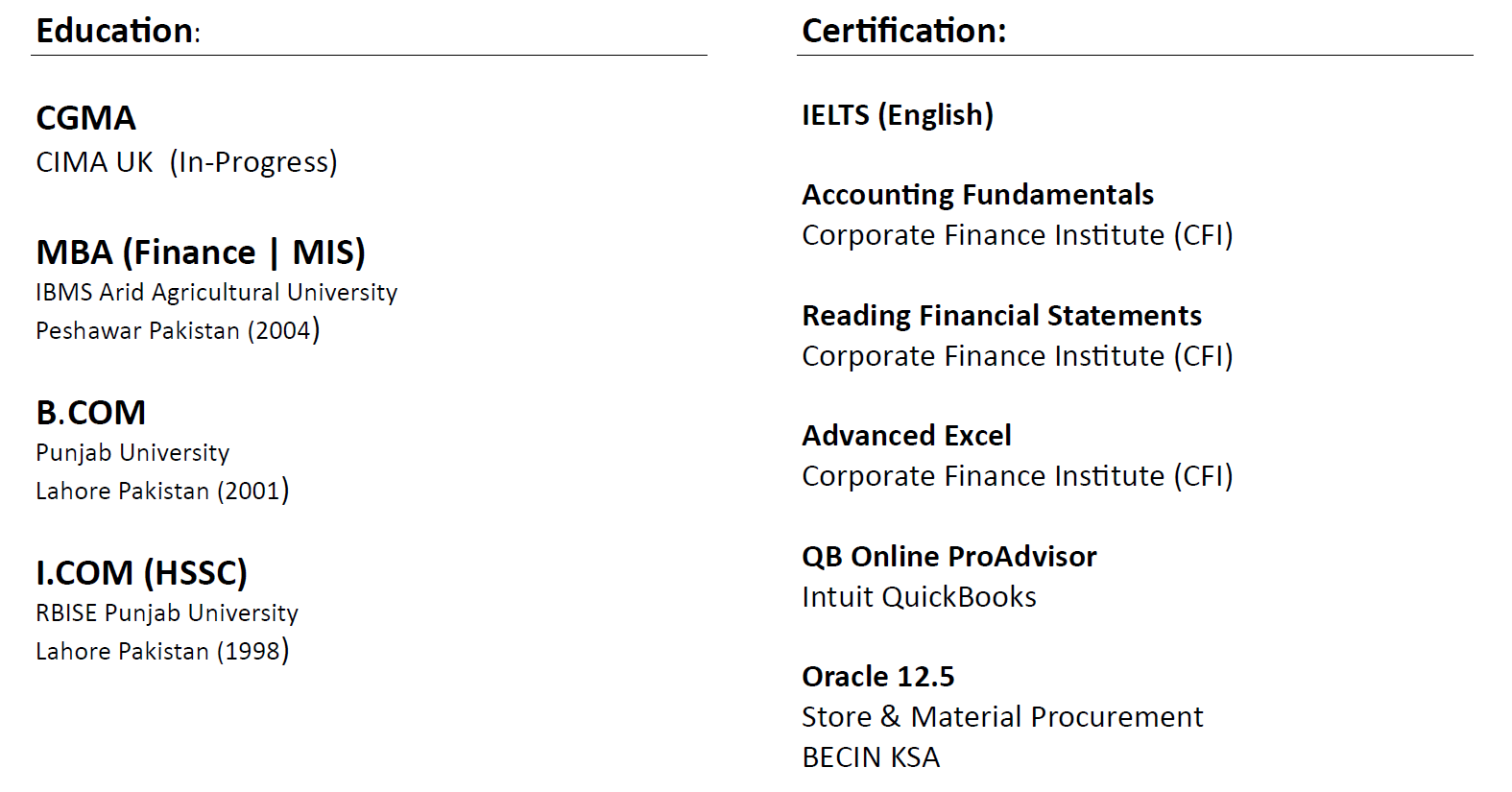 Accounting and Finance Professional Waqar, USA, education and certifications